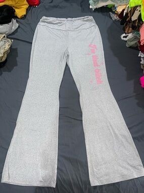 Girls' Silver Flare Lounge Pants with Pink Script